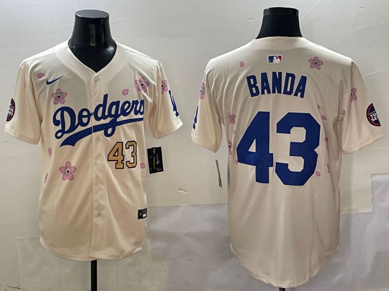 Men Los Angeles Dodgers 43 Banda Cream White Blue Sakura Edition 2025 Nike MLB Jersey style 2
